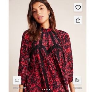 Anthropologie Bhanuni by Jyoti Red Black Print‎ Lace Trim Long Sleeve Top XL